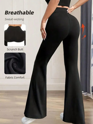 Black high-waisted flare maternity pants with scrunch butt detail and wide leg