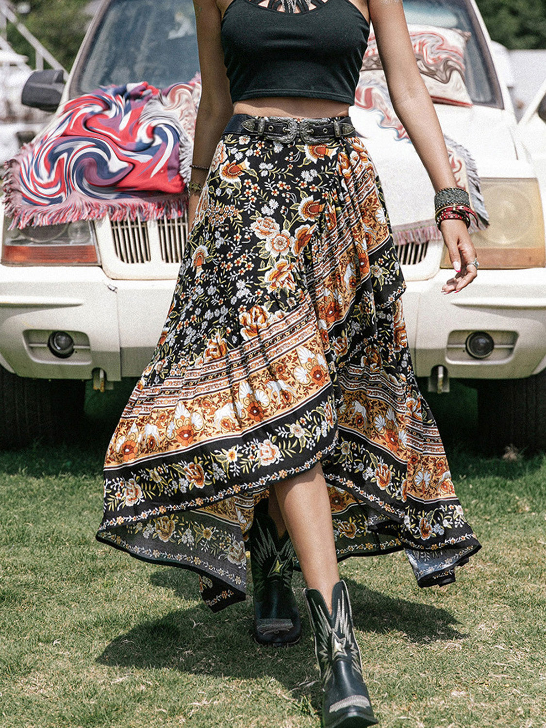 Bohemian floral asymmetric midi skirt with ruffled hem, multicolor pattern