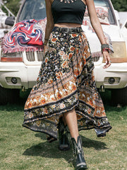 Bohemian floral asymmetric midi skirt with ruffled hem, multicolor pattern