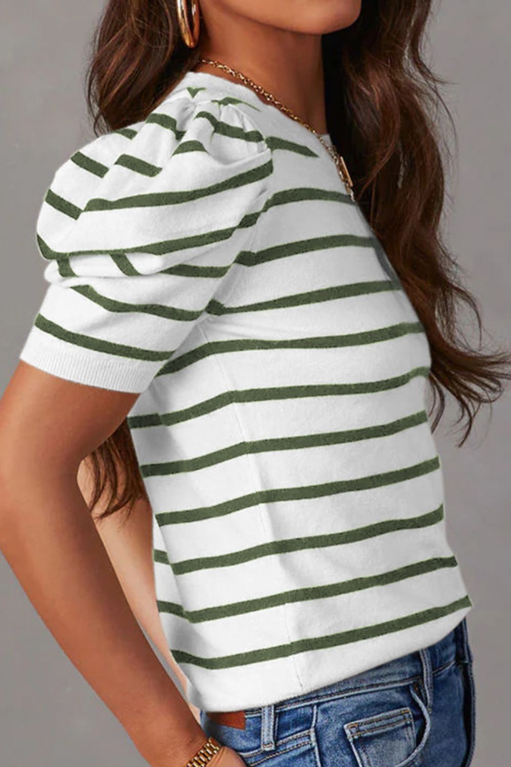 Puff sleeve breton knit top in white with dark green stripes, crew neck, short sleeves.