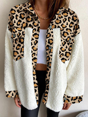 Plaid & Sherpa Hybrid Shacket in Leopard with button details and sherpa trim.
