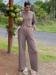 Mocha waffle knit cropped lounge set with wide leg pants and crewneck top.