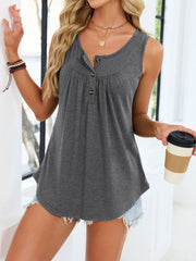 Gray button detail ruching tank top with curved hem