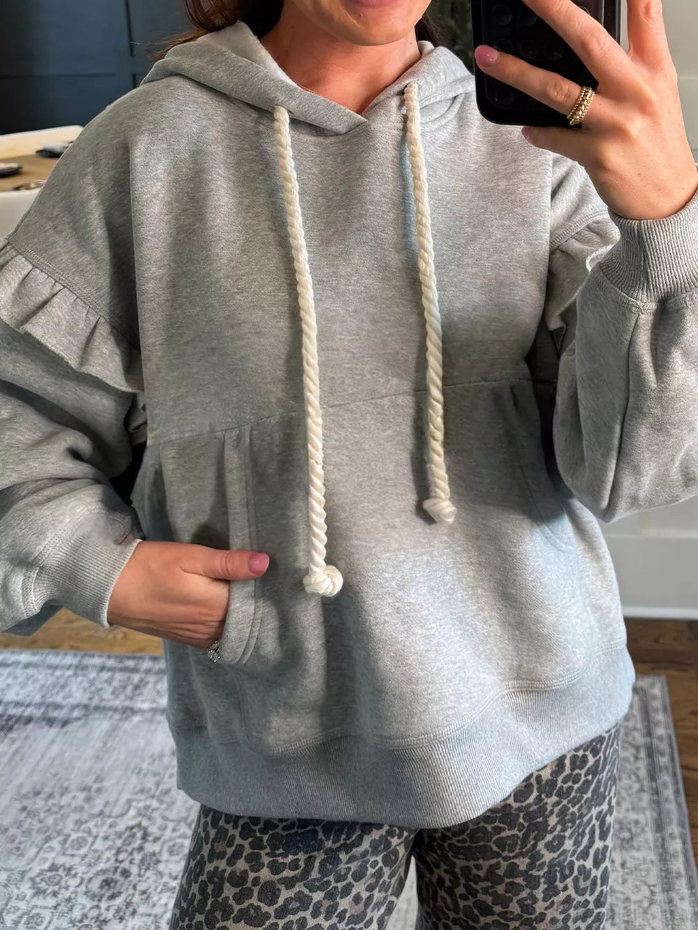 Contrast Rope Drawstring Ruffle Hoodie in Gray, front view