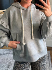 Contrast Rope Drawstring Ruffle Hoodie in Gray, front view