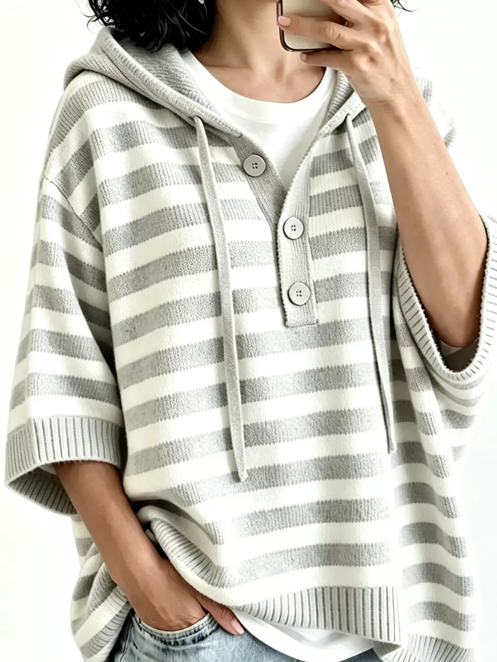 Striped Hooded Sweater With Button Detail in Blue, model styling view