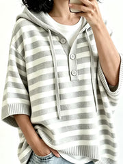 Striped Hooded Sweater With Button Detail in Blue, model styling view
