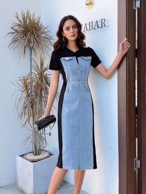 Denim patchwork short-sleeve dress in sky blue and dark blue with button-down front and pocket details.