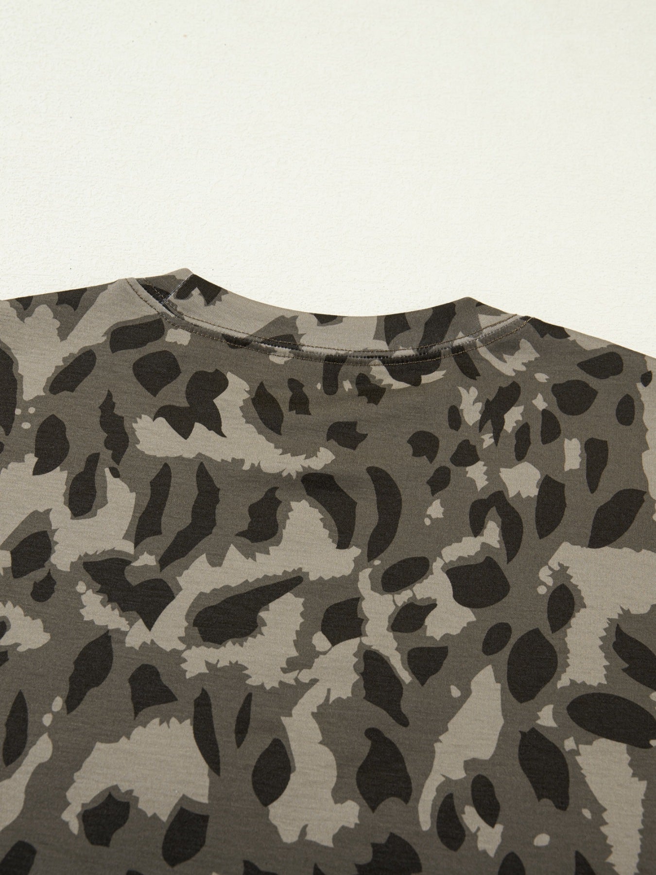 Grey leopard print slim fit t-shirt with mock neck detail