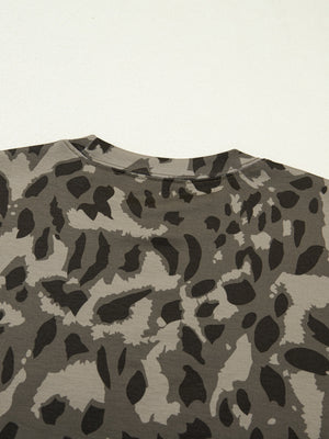 Grey leopard print slim fit t-shirt with mock neck detail