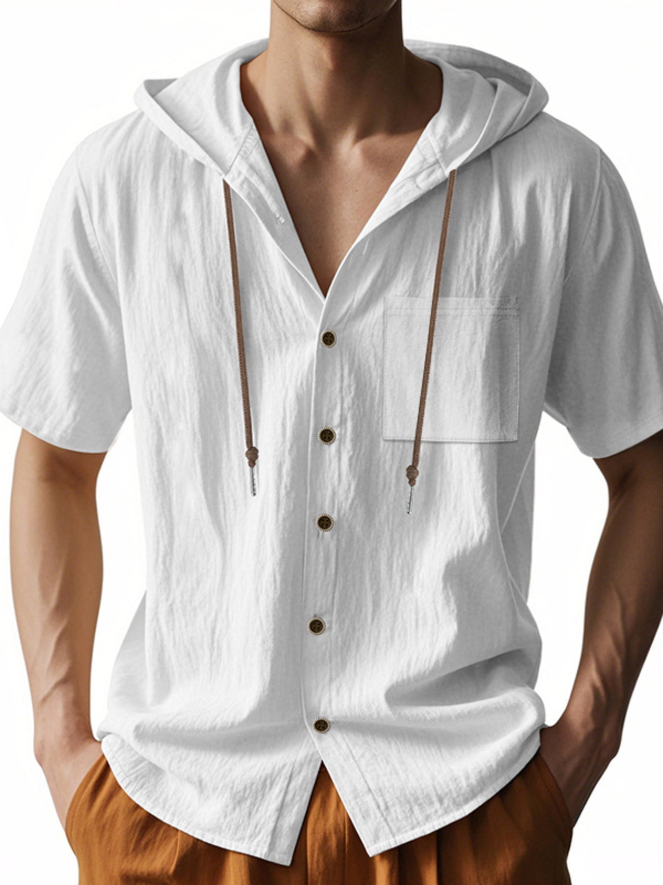 Men's white short sleeve hooded shirt with pocket and drawstring details