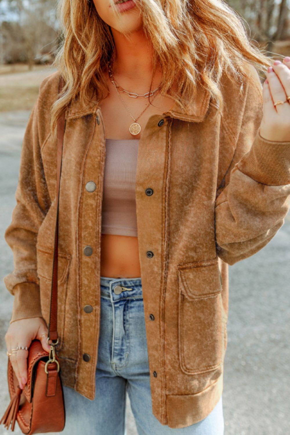 Washed cotton utility jacket in Caramel with button front and chest pockets.