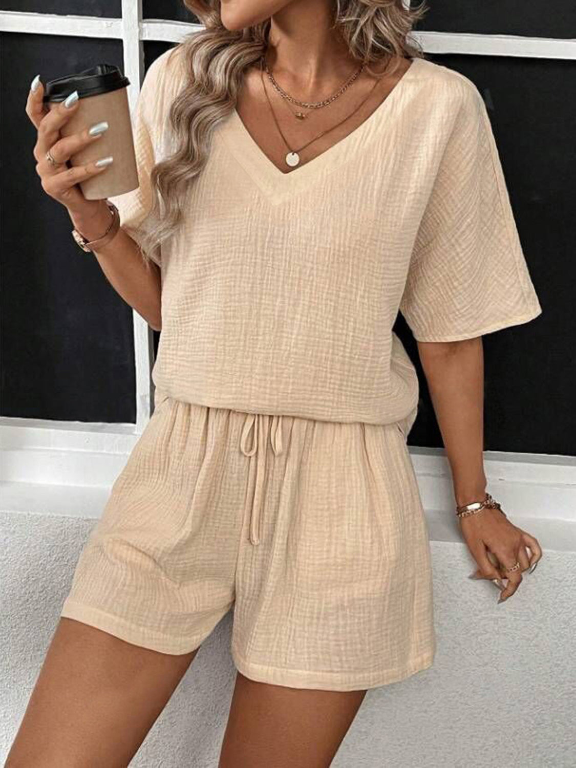 Tan textured gauze lounge set with v-neck top and drawstring shorts