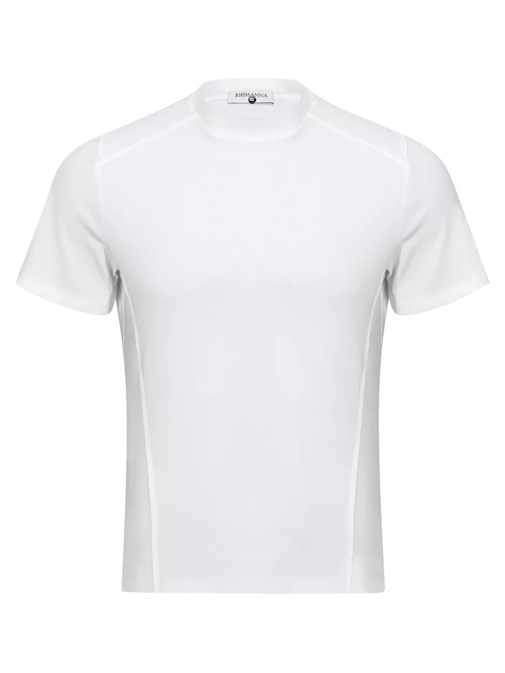 White mock neck athletic fit t-shirt with short sleeves and side panel detail.