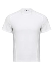 White mock neck athletic fit t-shirt with short sleeves and side panel detail.