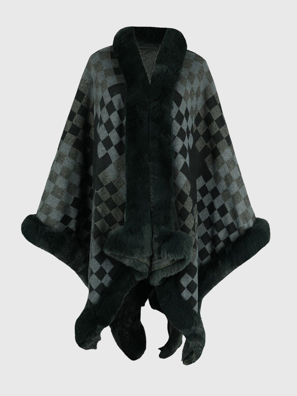 Diamond checkered poncho in charcoal with faux fur trim and cuffs.
