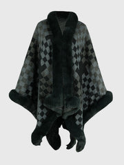 Diamond checkered poncho in charcoal with faux fur trim and cuffs.