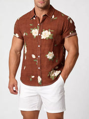 Men's Plus Size Floral Print Short Sleeve Shirt in Gold, close-up detail