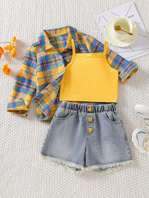 Baby girls' plaid shirt, yellow tank top, and denim shorts set with frayed hem.