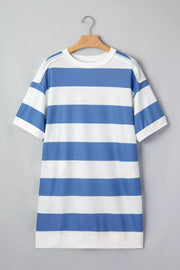 Striped t-shirt dress with blue and white horizontal stripes, crew neck, and short sleeves.