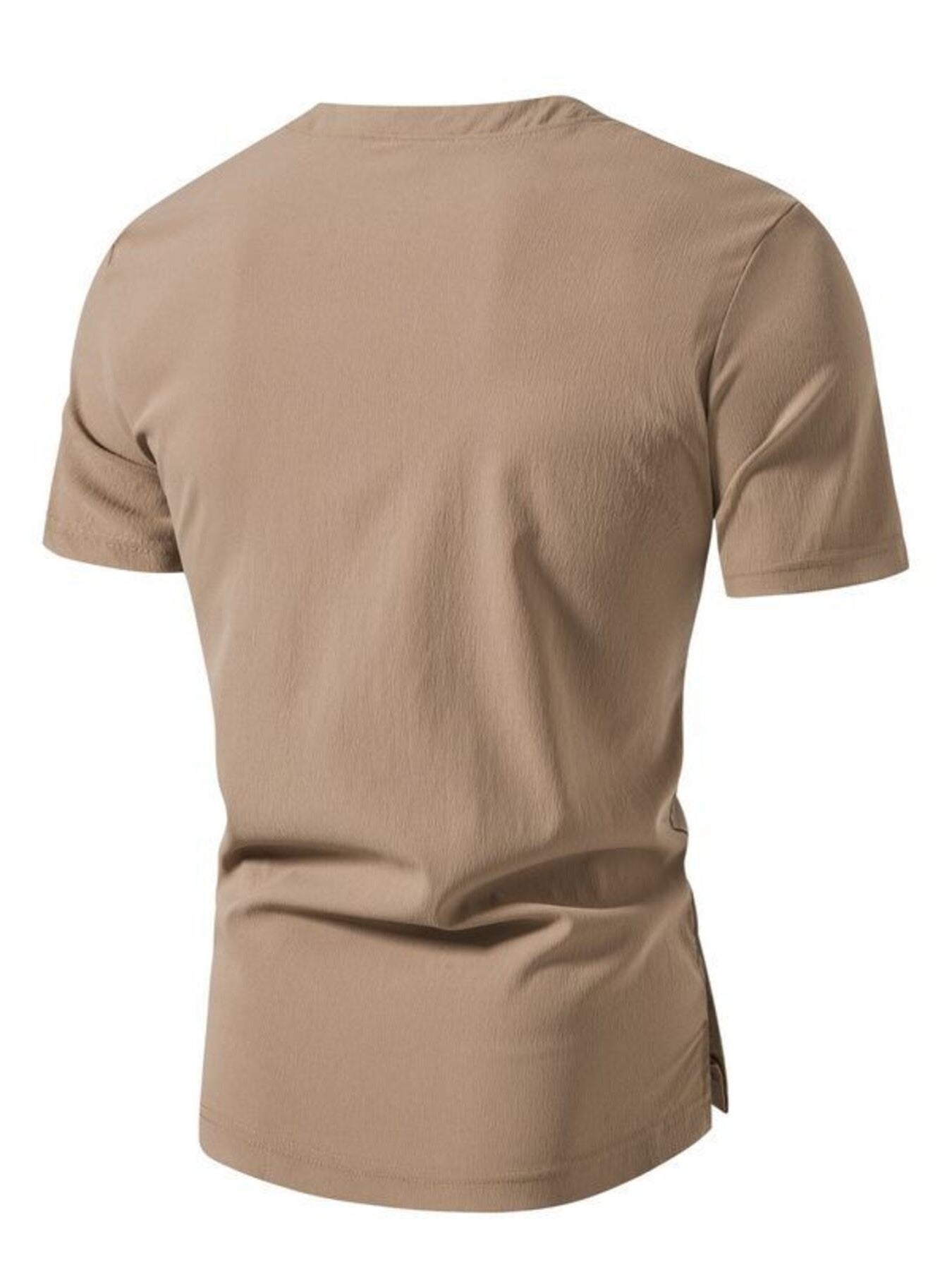 Men's camel cotton casual short sleeve Henley t-shirt with side vents