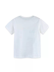 White cotton toddler crewneck tee with short sleeves and a playful cartoon graphic on the back.
