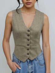 Tailored houndstooth bustier vest in mocha with button front and V-neck.
