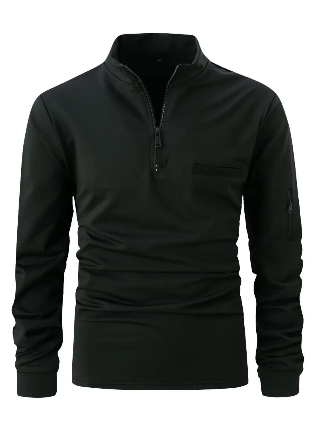 Black mock neck zip-up sweatshirt with welt pocket and sleeve zipper detail