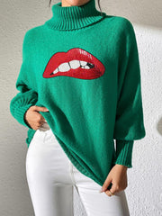 Green turtleneck sweater with sequin red lips detail