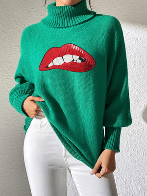 Green turtleneck sweater with sequin red lips detail