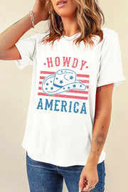 White graphic tee with cowboy hat, stars, and text HOWDY AMERICA
