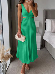 Elegant Pleated Midi Dress With Cut-outs in Red, back view