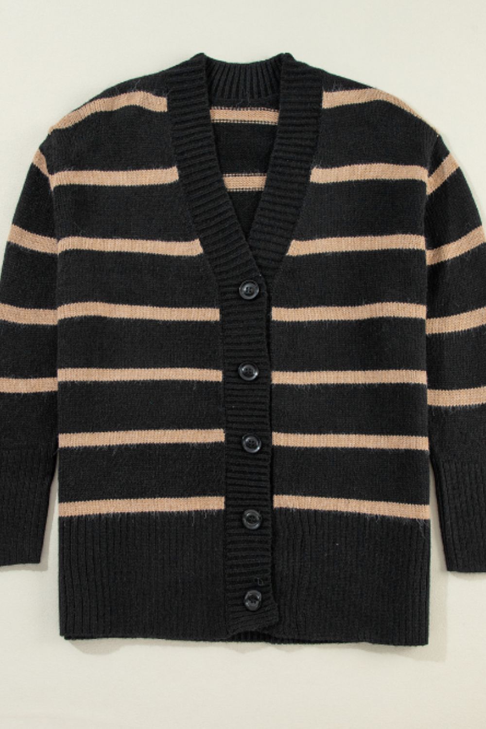 Black and beige striped acrylic button-down cardigan with V-neck and ribbed trim.