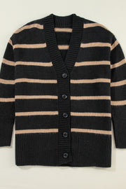 Black and beige striped acrylic button-down cardigan with V-neck and ribbed trim.