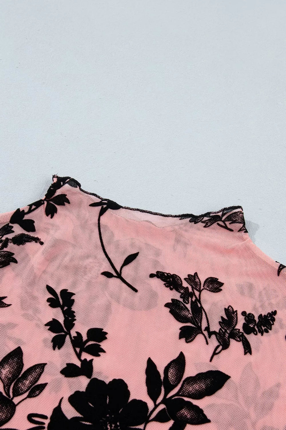 Floral Print Mesh Long Sleeve Blouse in Dusty Pink, fit detail