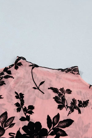 Floral Print Mesh Long Sleeve Blouse in Dusty Pink, fit detail