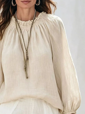 Round Neck Balloon Sleeve Blouse in Army Green, fabric detail