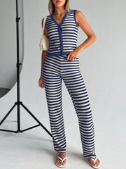 V-neck striped knit two-piece set in Royal Blue with buttoned sleeveless top and wide-leg pants.