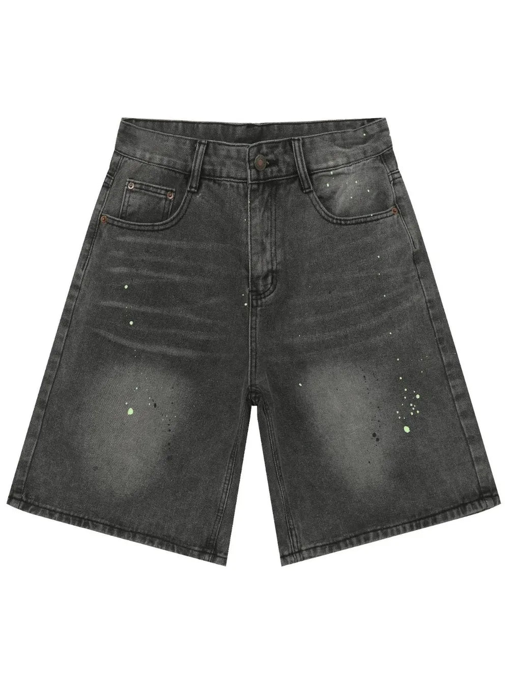 Dark wash denim bermuda shorts with paint splatter detail