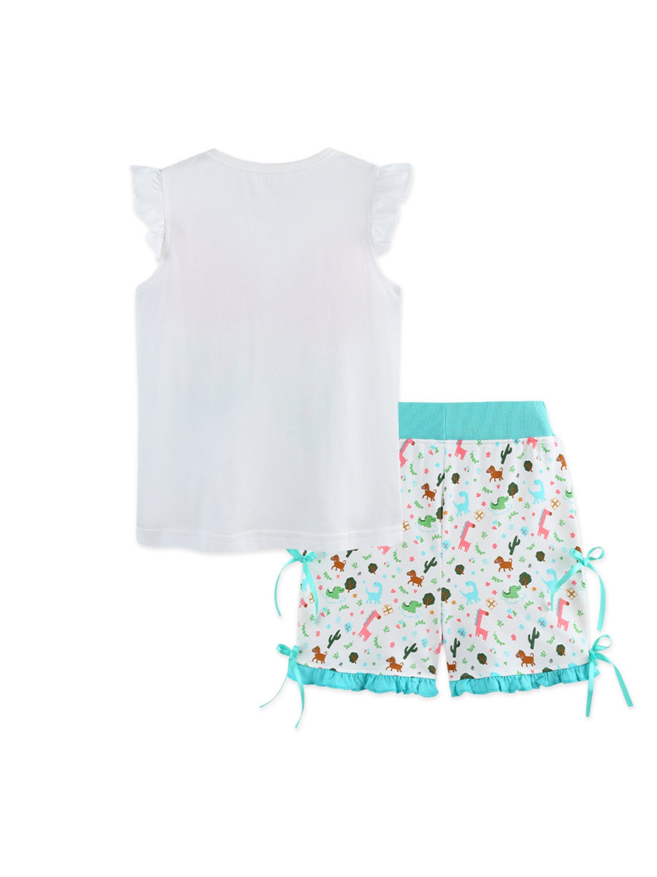 White cotton set with butterfly ruffle sleeves and animal print shorts with turquoise trim.