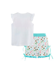 White cotton set with butterfly ruffle sleeves and animal print shorts with turquoise trim.
