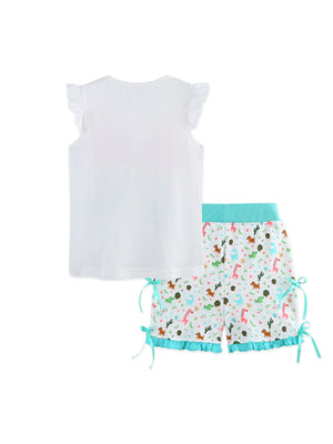 White cotton set with butterfly ruffle sleeves and animal print shorts with turquoise trim.