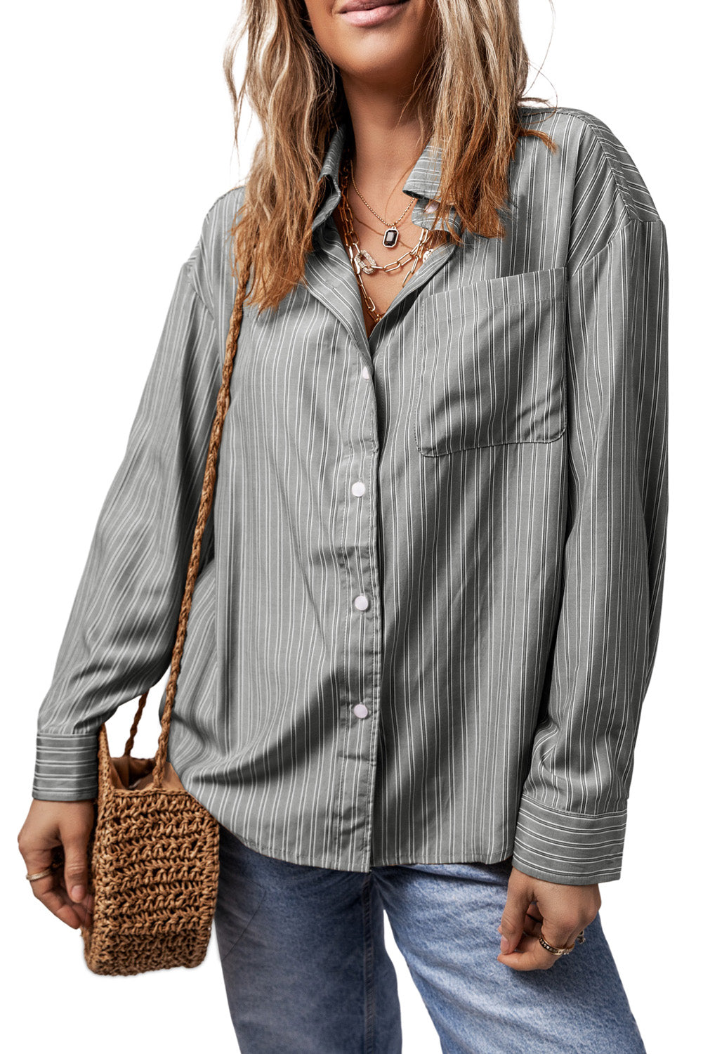 Gray oversized stripe Oxford shirt with button front and chest pocket.