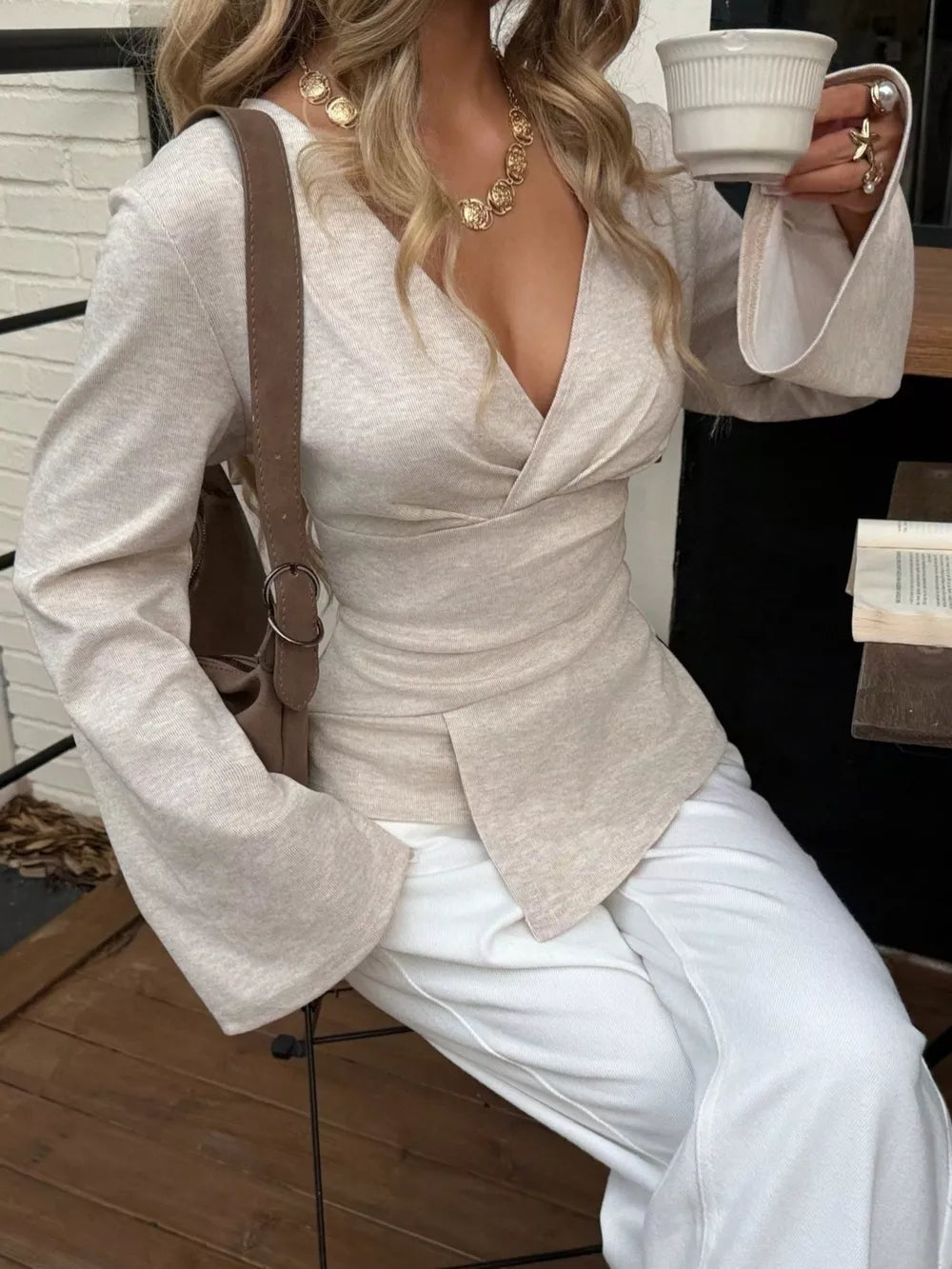 Elegant V-neck Wrap Asymmetrical Blouse in Milky White, view 13
