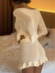 Button Up Cardigan And Shorts Sweater Set in Beige, back view