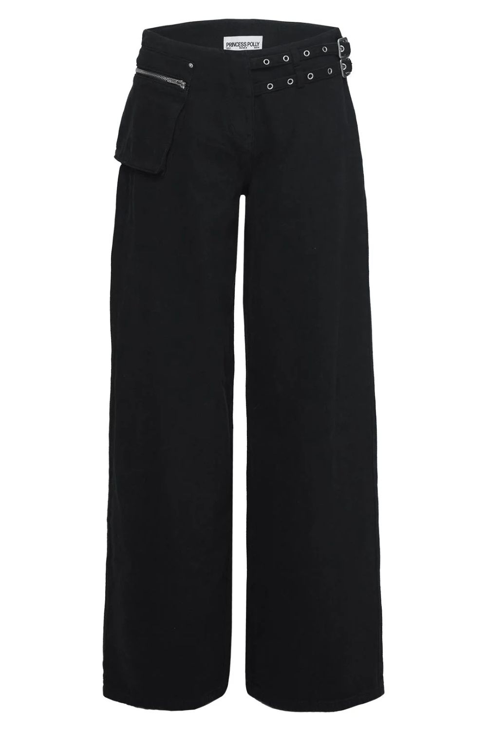 Black cotton denim flared trousers with utility pocket and buckle detail