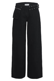 Black cotton denim flared trousers with utility pocket and buckle detail