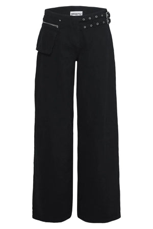 Black cotton denim flared trousers with utility pocket and buckle detail