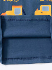 Blue t-shirt with yellow construction vehicle graphics and text.