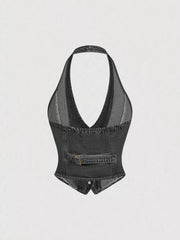Halter Neck Denim Vest And Wide-leg Jeans Set, model styling view